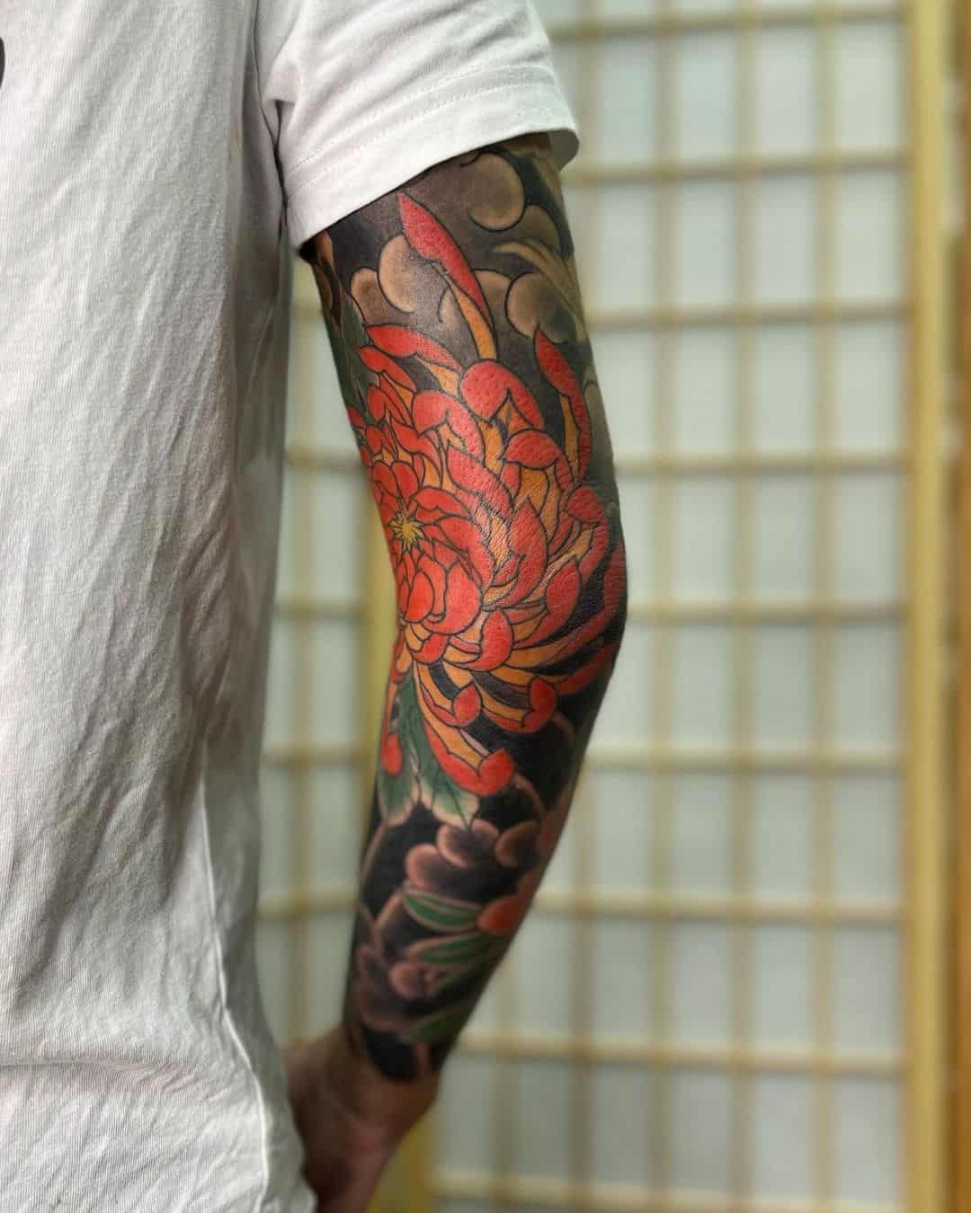 Japanese flower arm sleeve tattoo 3
