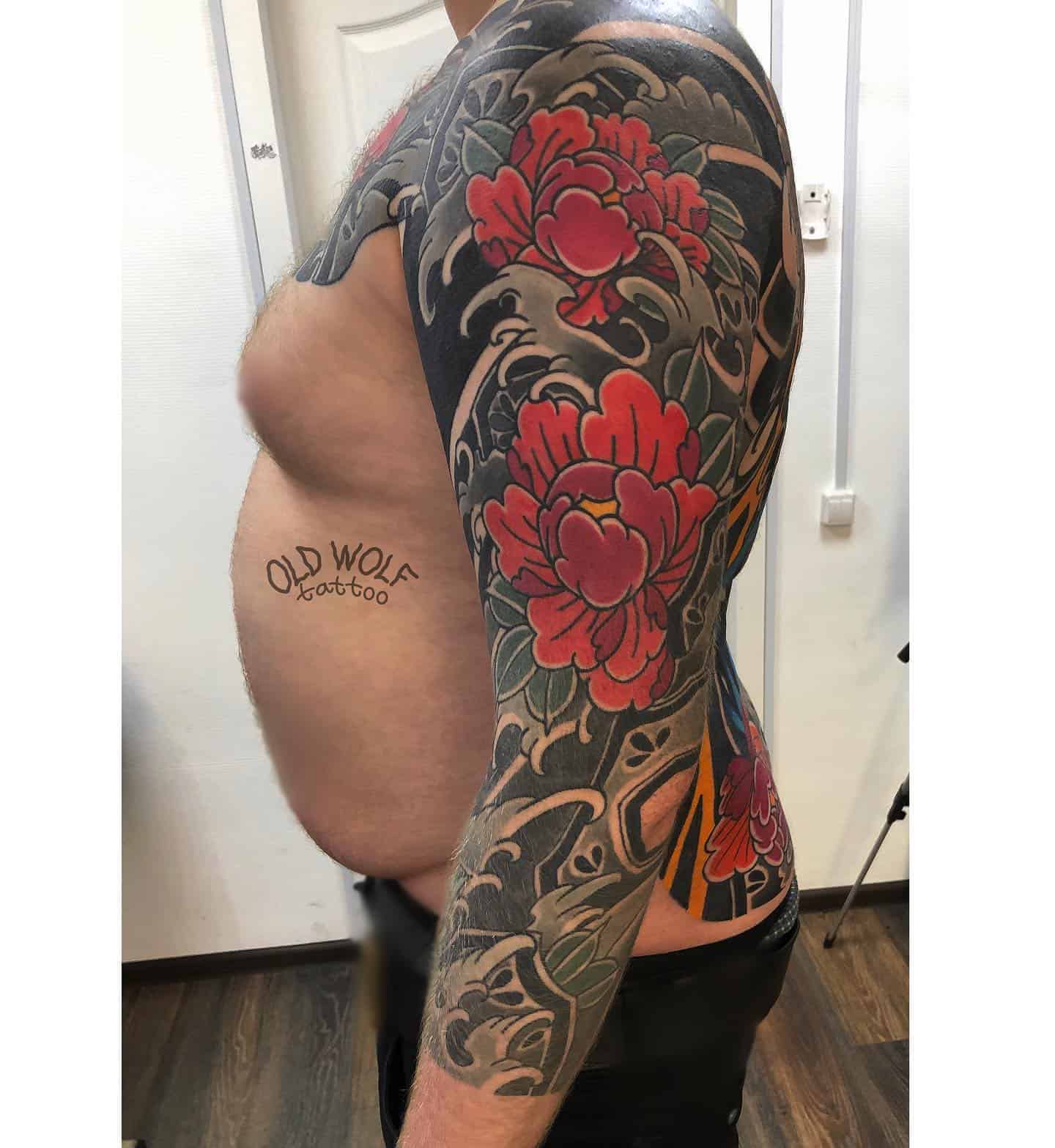 Japanese flower arm sleeve tattoo 4