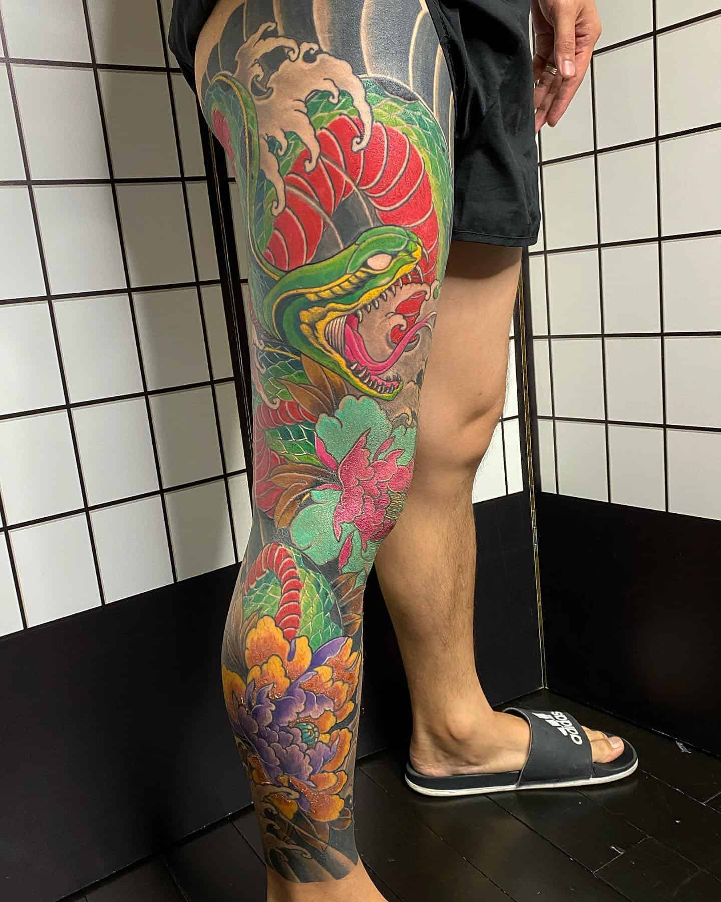 Japanese flower leg sleeve tattoo 3