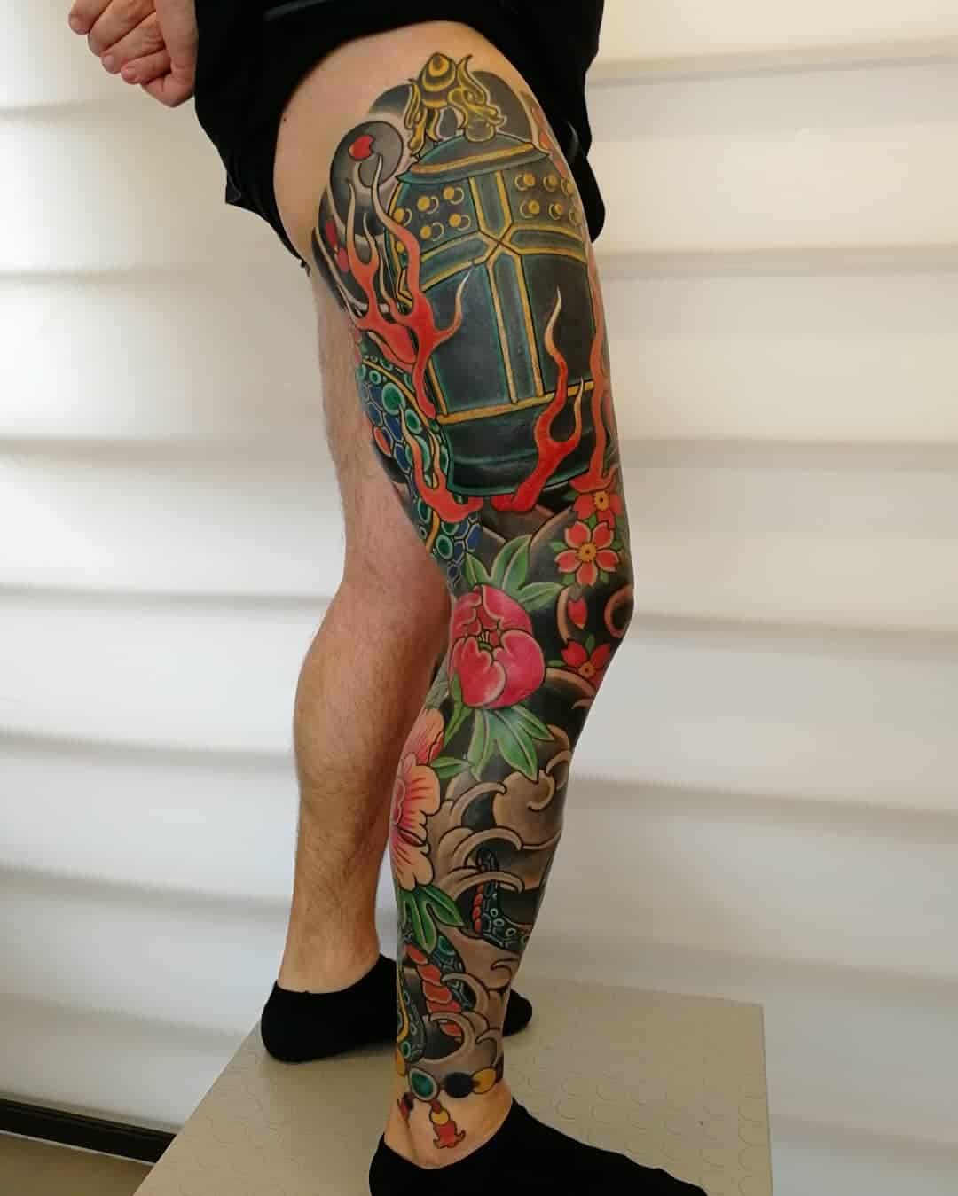 Japanese flower leg sleeve tattoo 5
