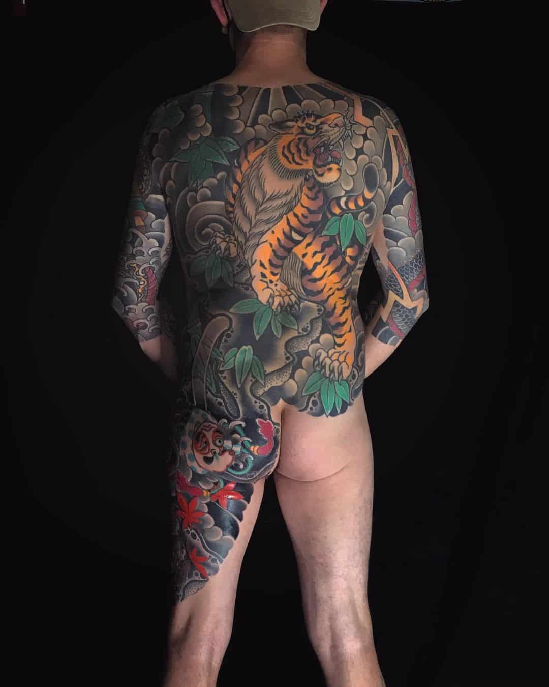 Large Back Traditional Tiger Tattoo 