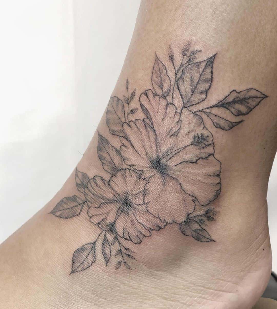 Leg Hibiscus Flower Tattoo Black And White