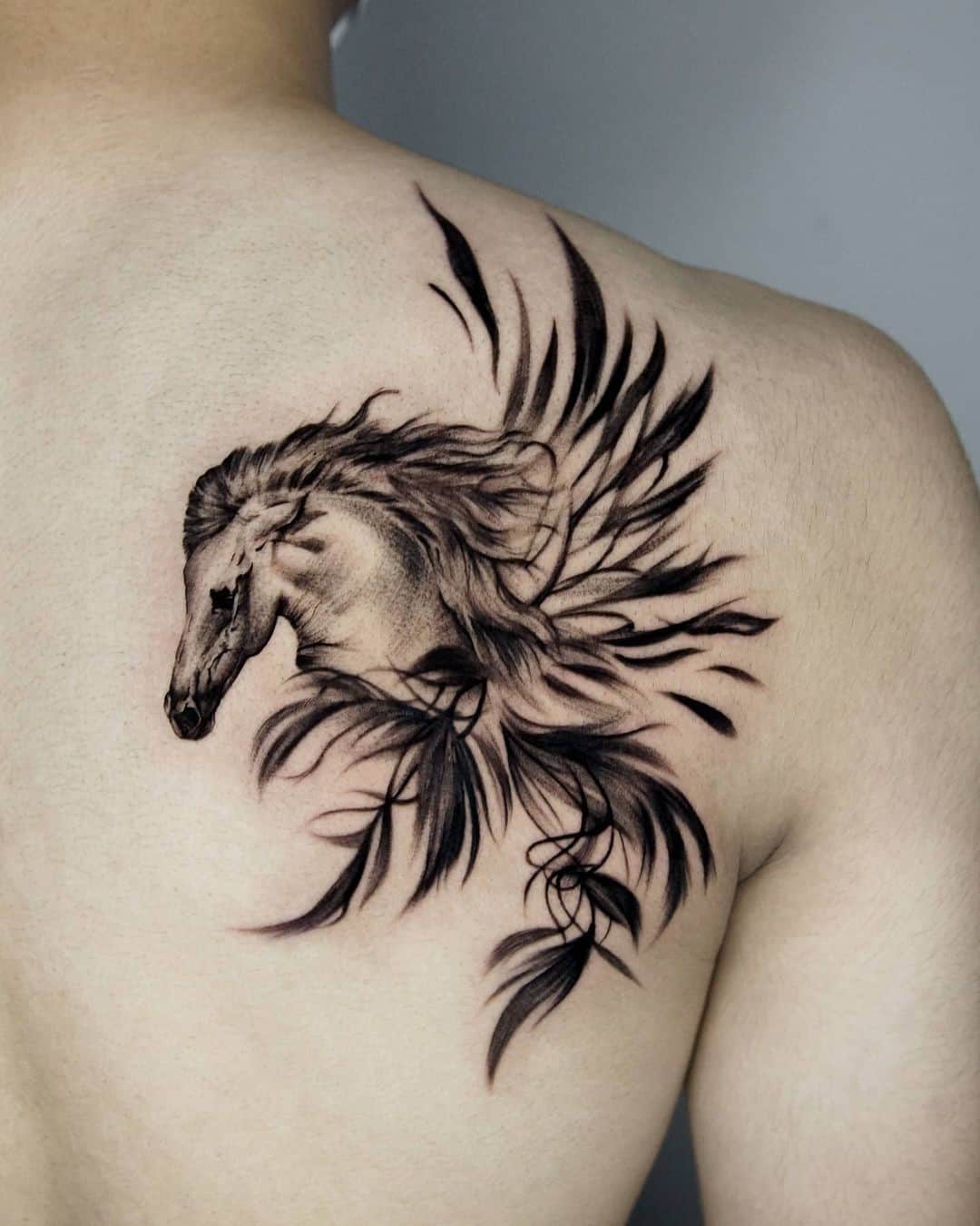 Shoulder Back Horse Tattoo With Florals