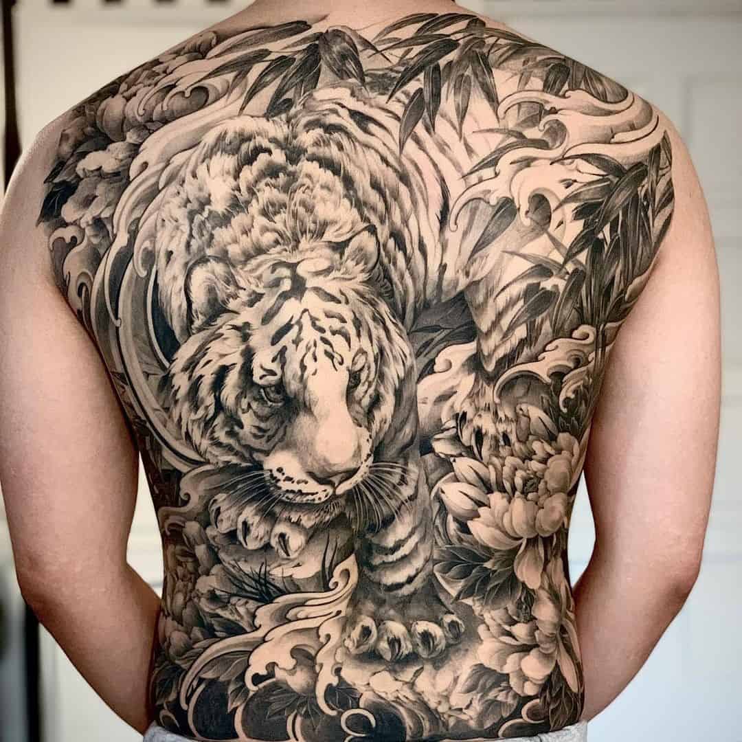 Tiger Tattoo Back Design In Black Ink 