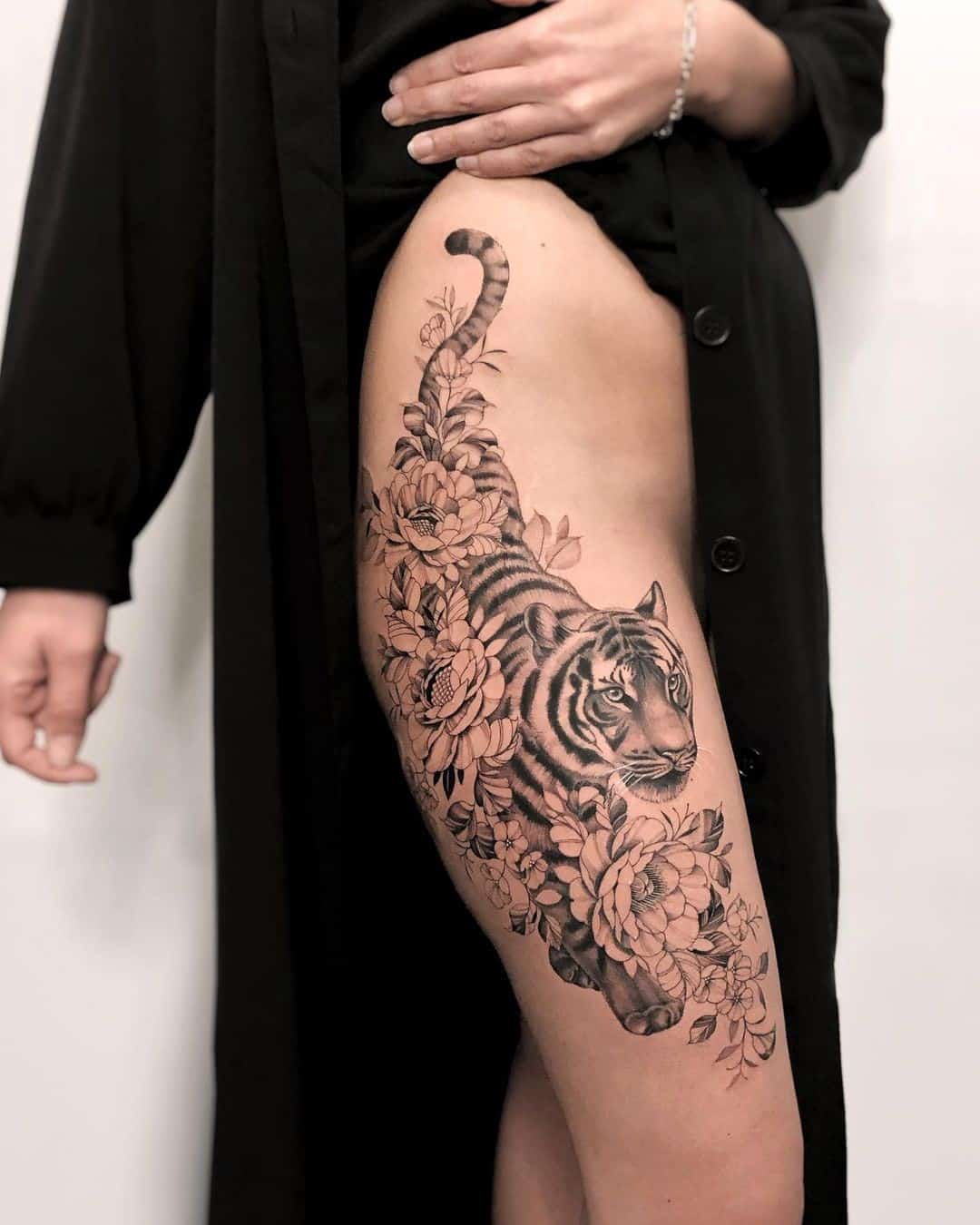 Tiger Tattoo On Thigh Black & White Ink