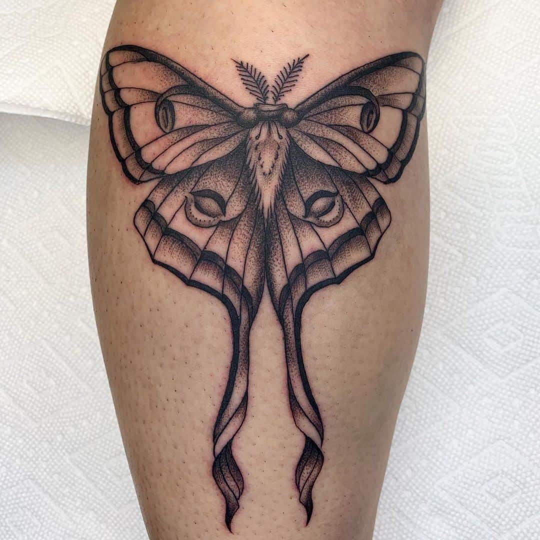 Unique Black Butterfly Calf Tattoo