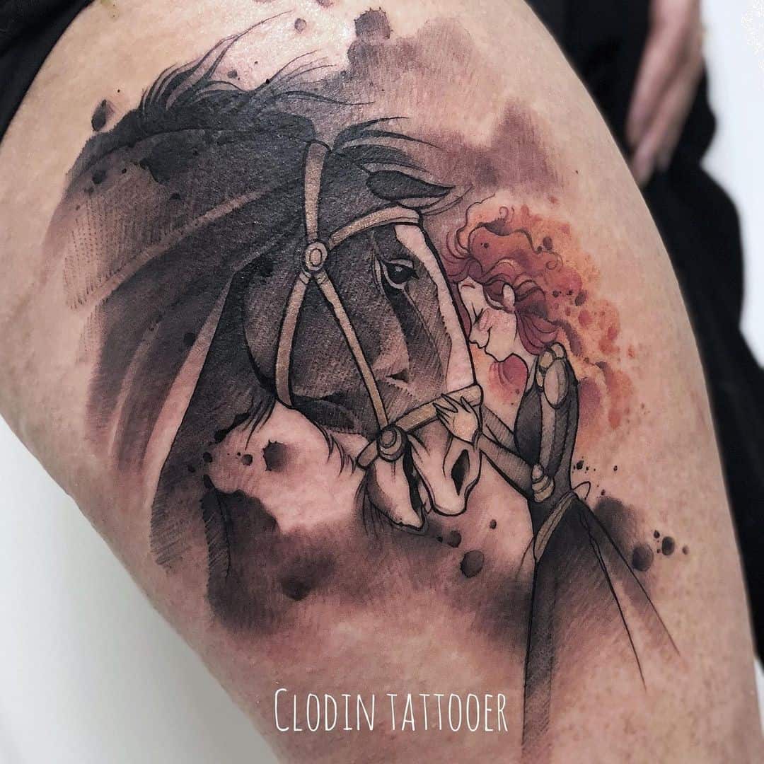 Watercolor Splash Woman & A Horse Tattoo Idea