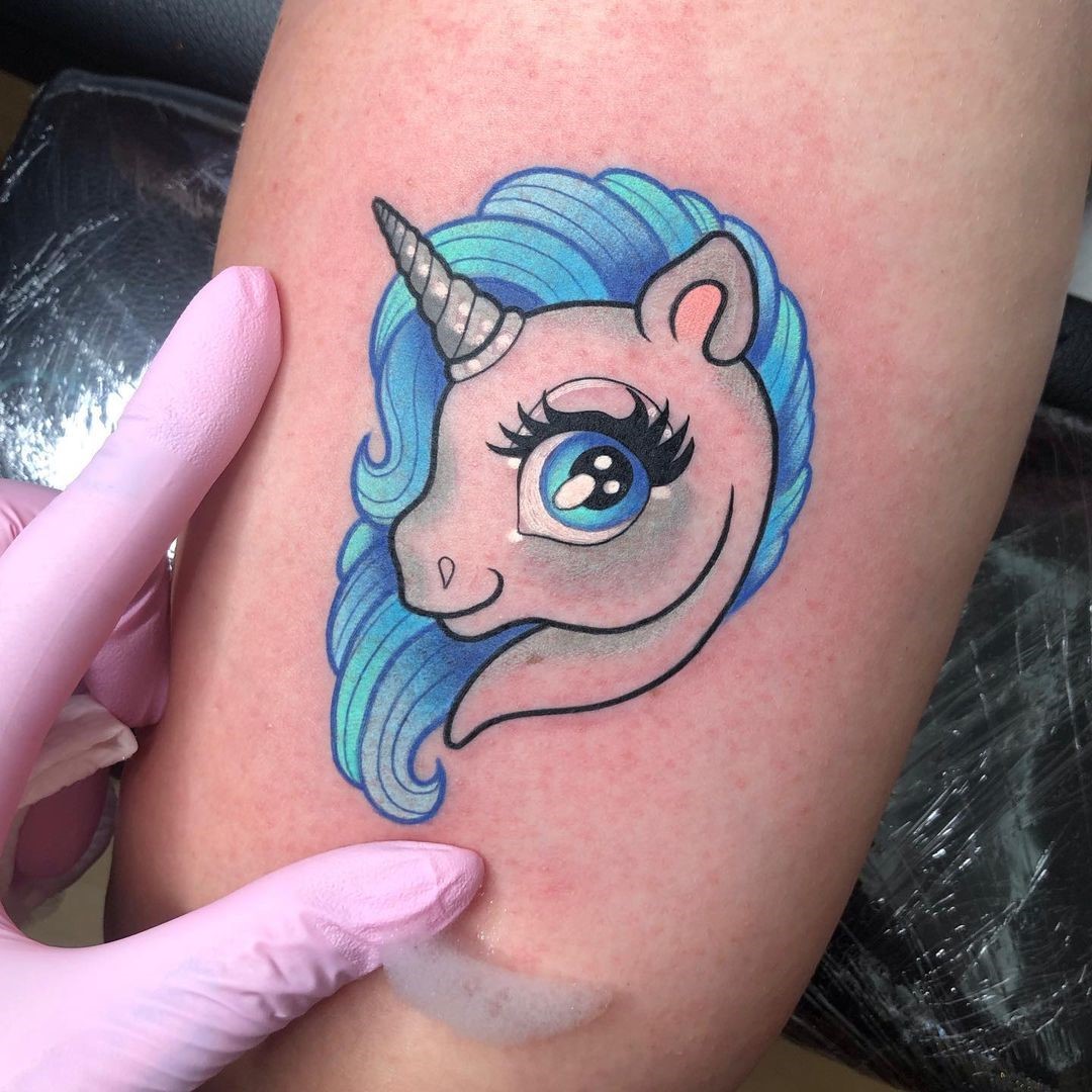 Bright Blue & Funny Unicorn Tattoo 