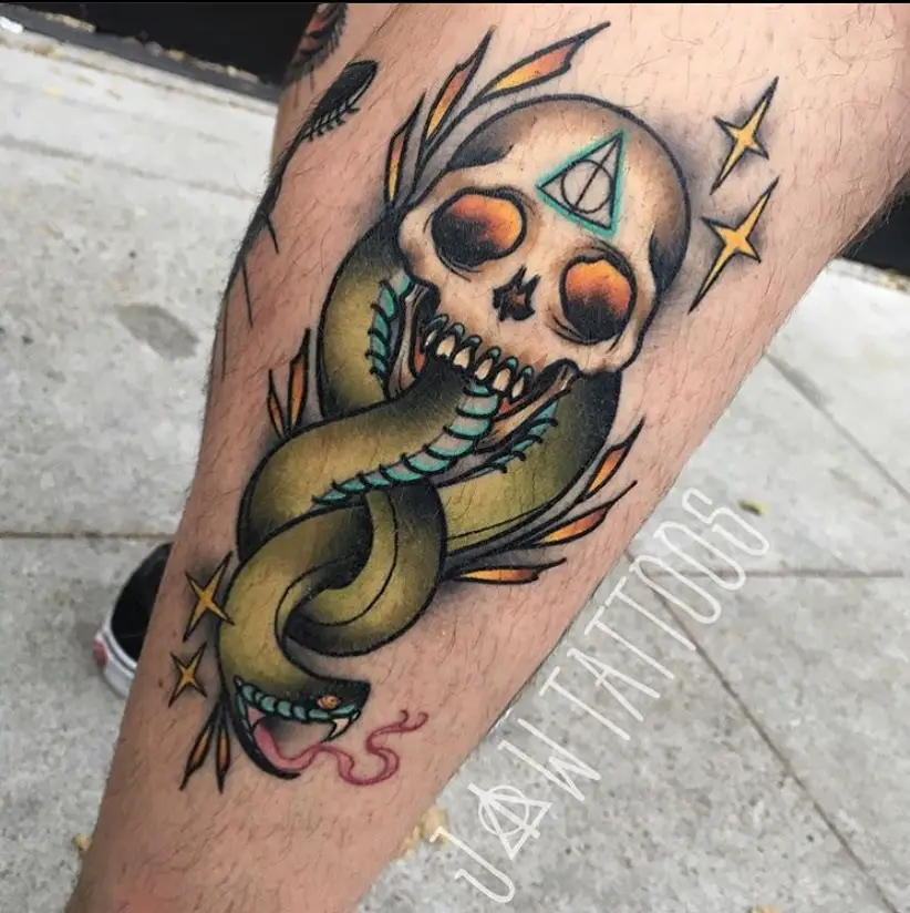Colorful Death Eater Tattoo Leg Design 