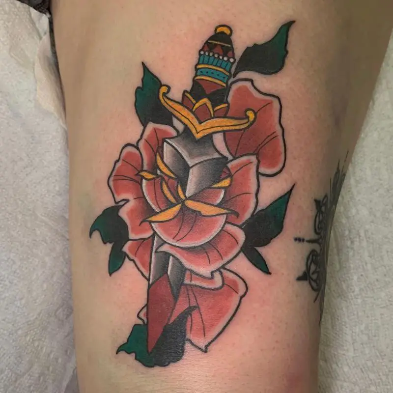Colorful Shin Flower and Dagger Tattoo 3