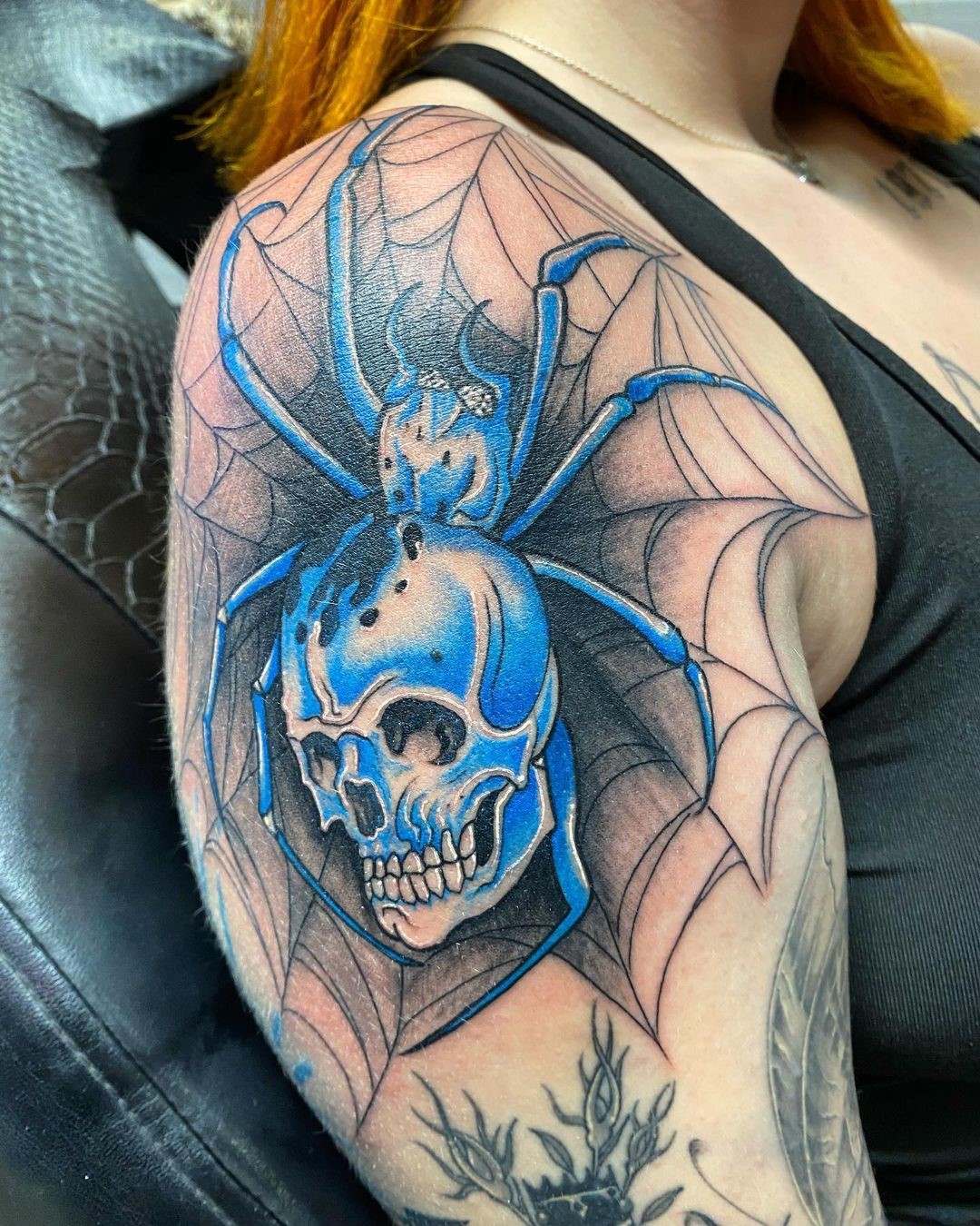 Large Blue Spider Tattoo Shoulder Placement