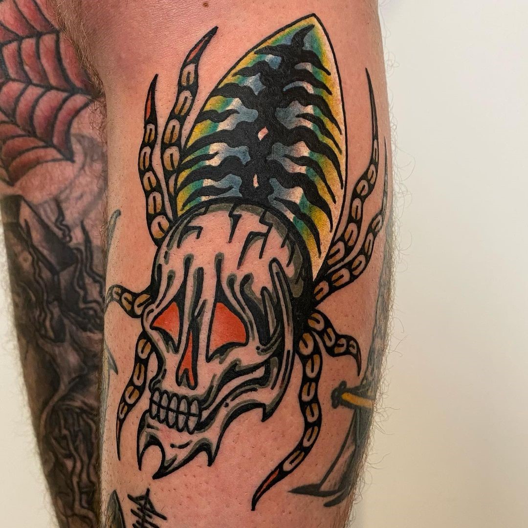 Skull Colorful Spider Tattoo 