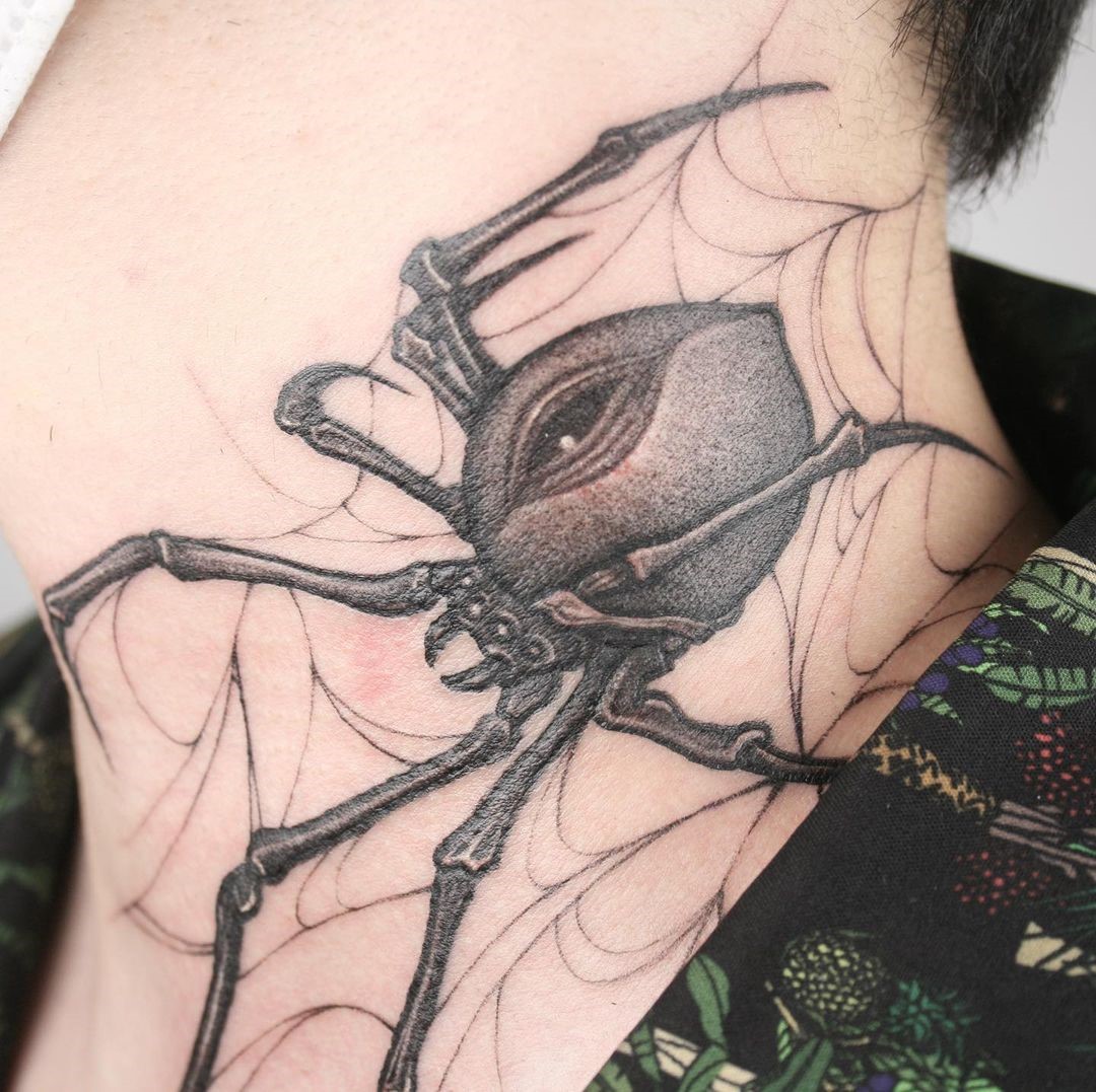 Spider Tattoo Designs Black Ink Over Neck 