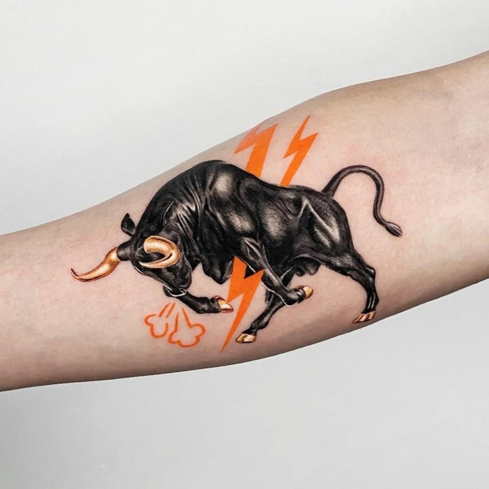 Arm Bull Tattoo Colorful Design 