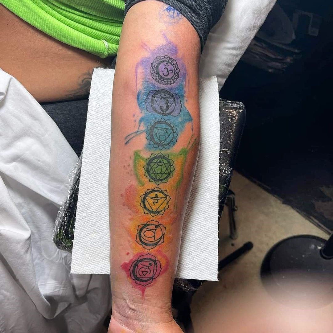 Top 30 Gorgeous Chakra Tattoo Design IDeas (2024 Updated) 26 Arm Chakra Tattoo Colorful Print Ink
