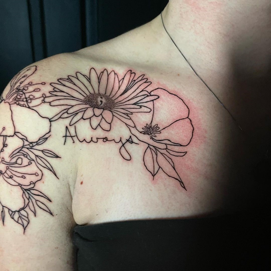 Aster Flower Tattoo Ideas Over Chest 