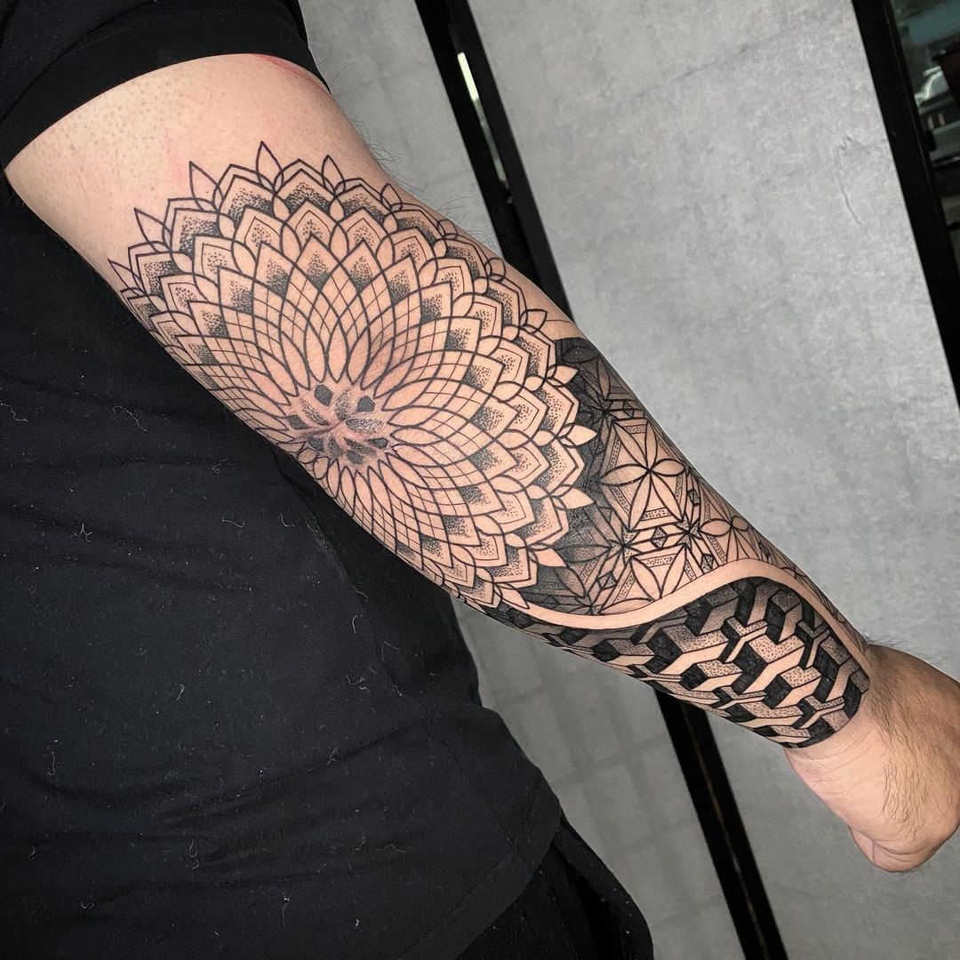 Black Flower Of Life Sleeve Tattoos 