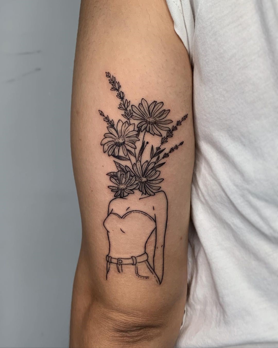 Black Ink Forearm Aster Flower Tattoo 