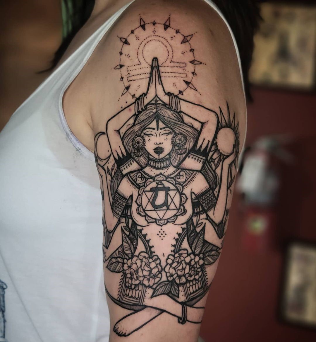 Black Ink Shoulder Chakra Tattoo 