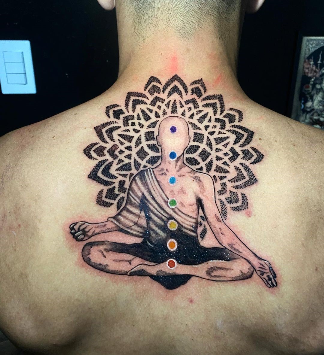 Chakra Symbols Over Back Tattoo 