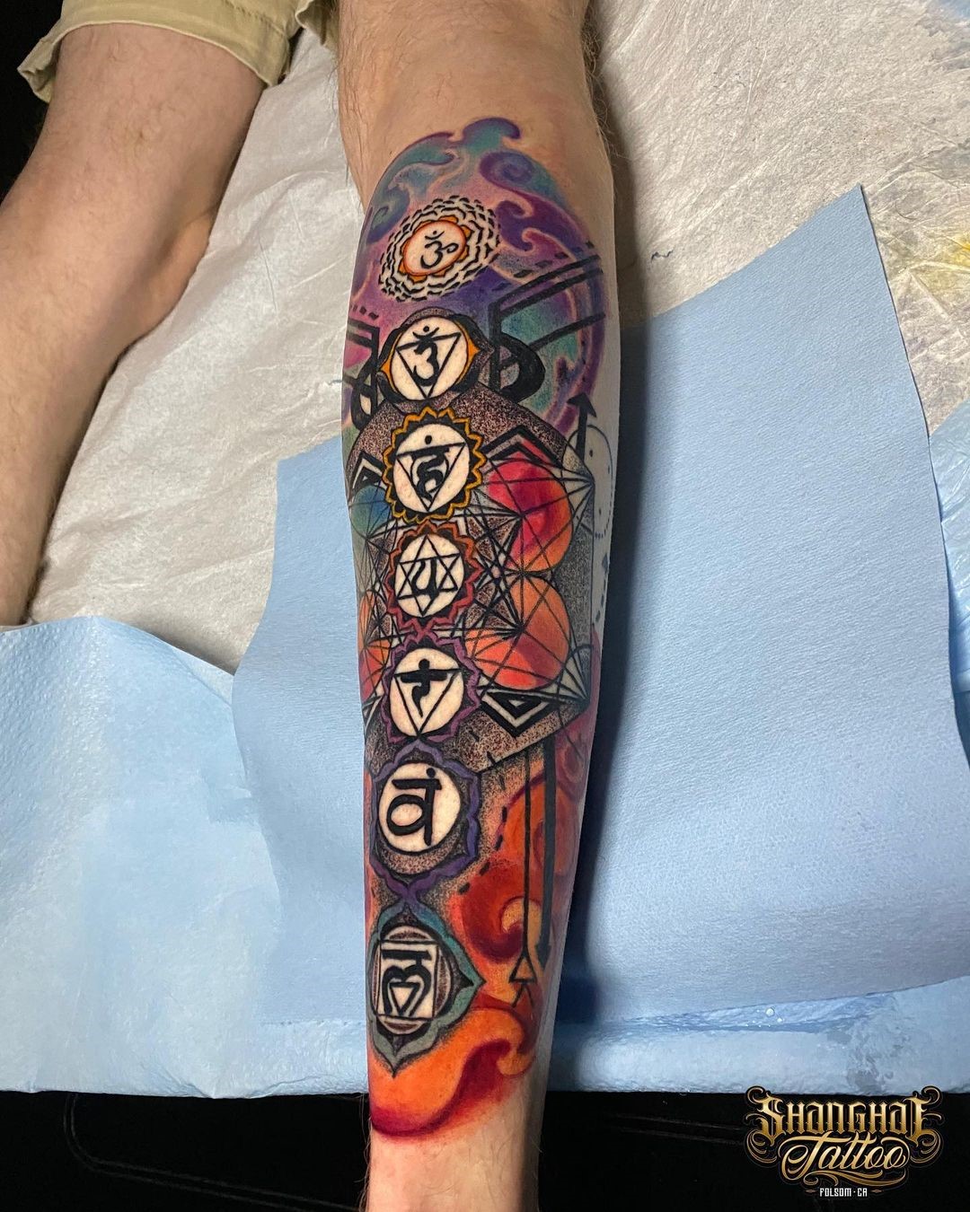 Chakras Tattoo Leg Ink