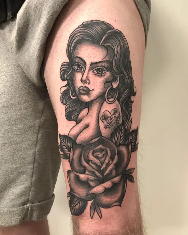 Classic Grey And White Pinup Design Tattoo