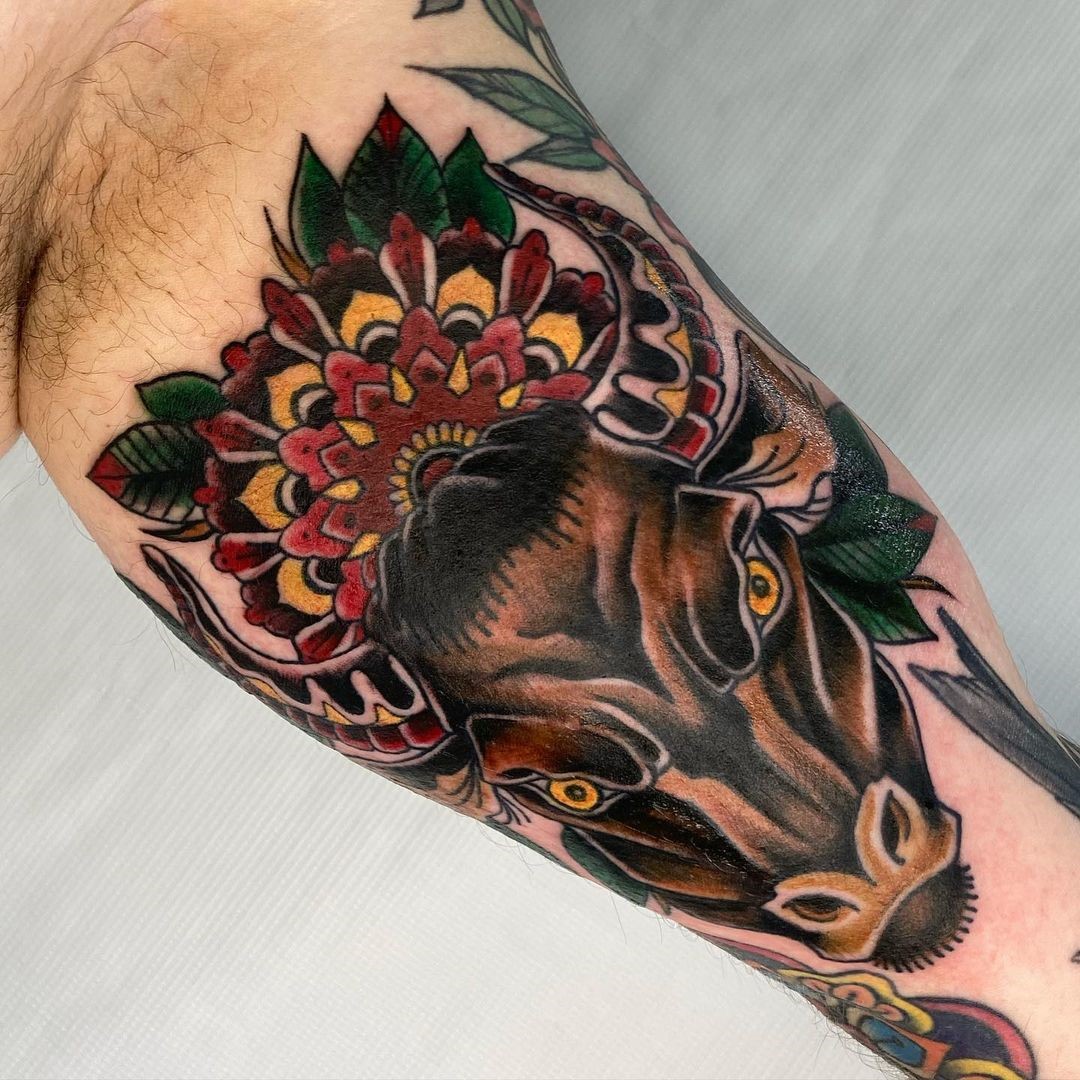 Colorful Bull Arm Tattoo 
