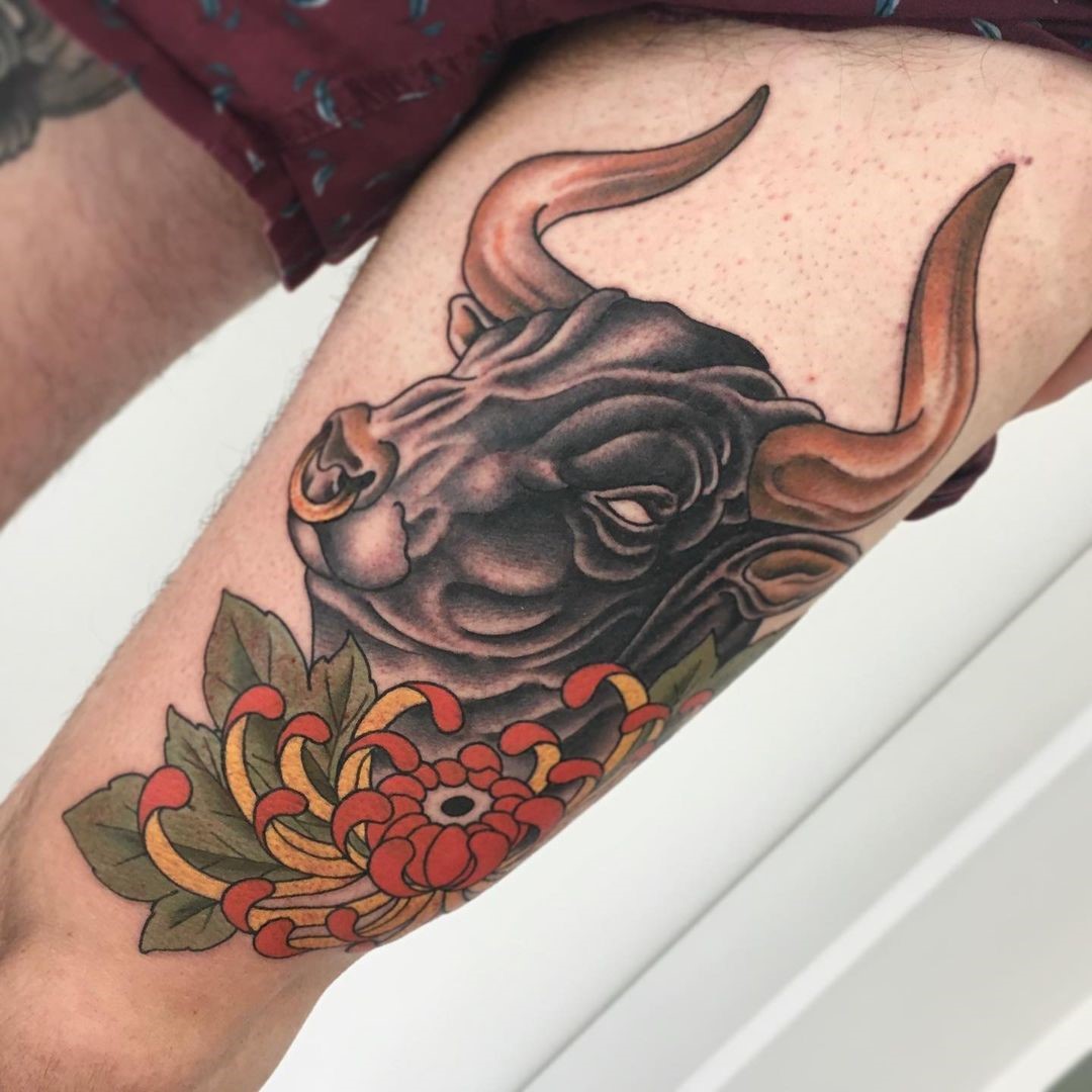 Leg & Thigh Bull Tattoo 