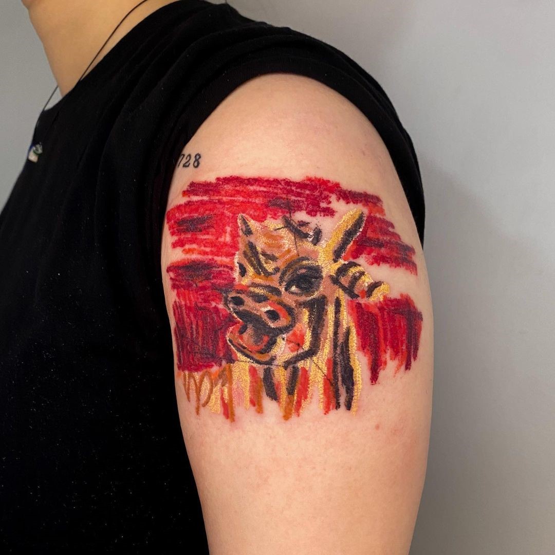 Shoulder Bull Tattoo Red Ink 