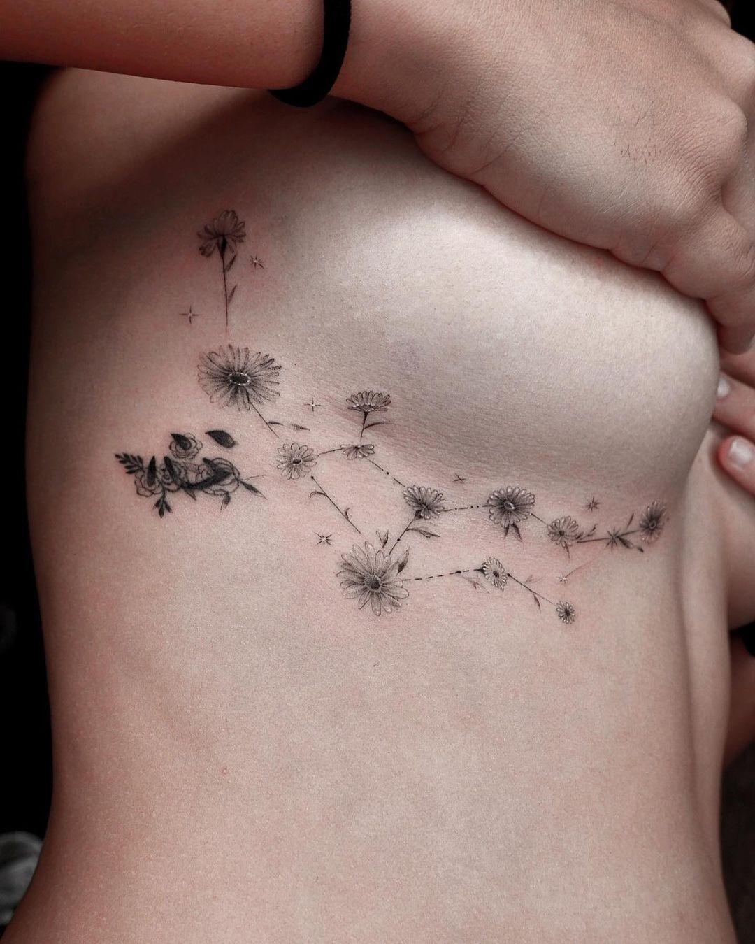 Side Chest Boob Aster Flower Tattoo 