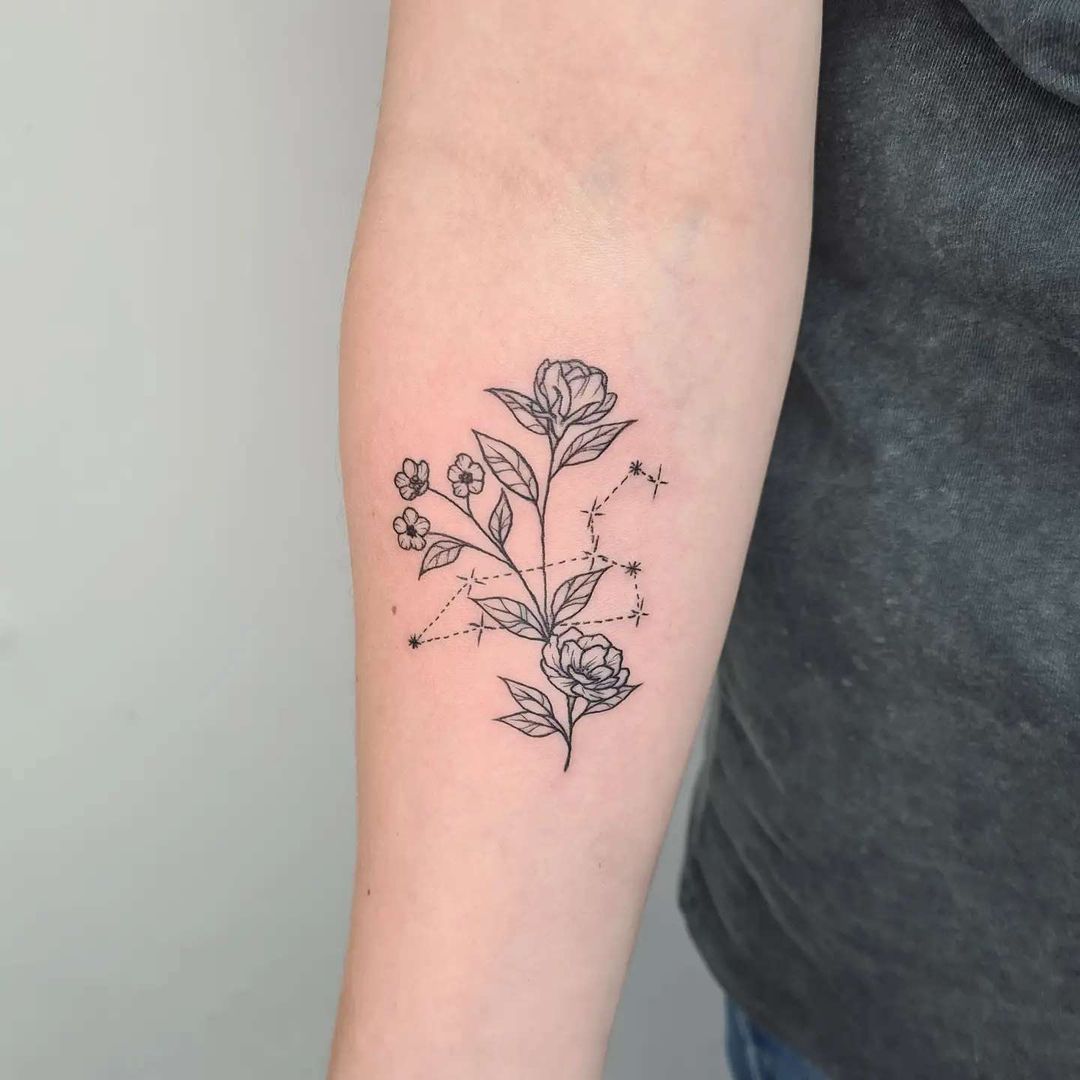 Subtle Leo Constellation With Flowers Tattoo Design