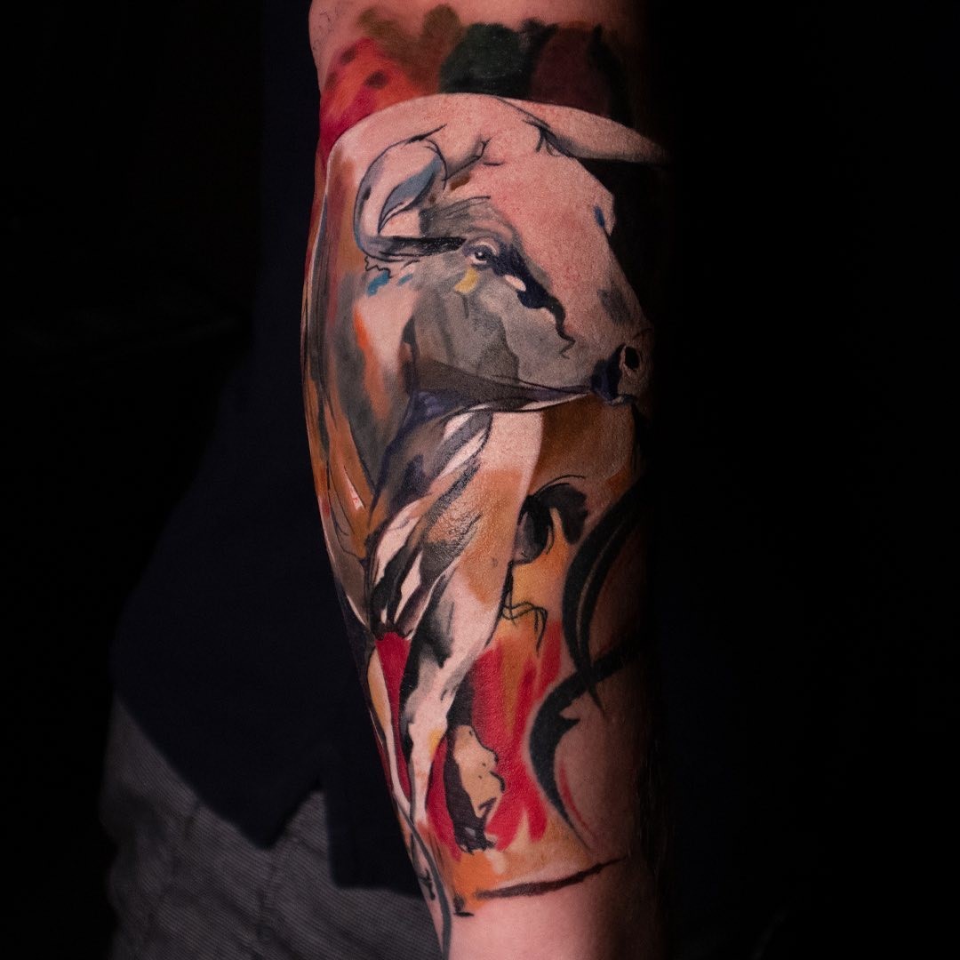 Watercolor Bull Tattoo 
