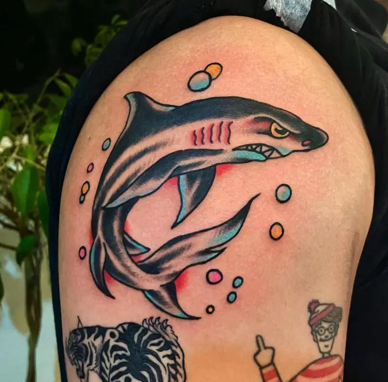 Angry Cartoon Shark Tattoo Design