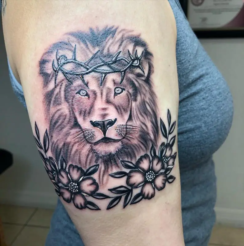 Floral Lion With Crown Tattoo 1