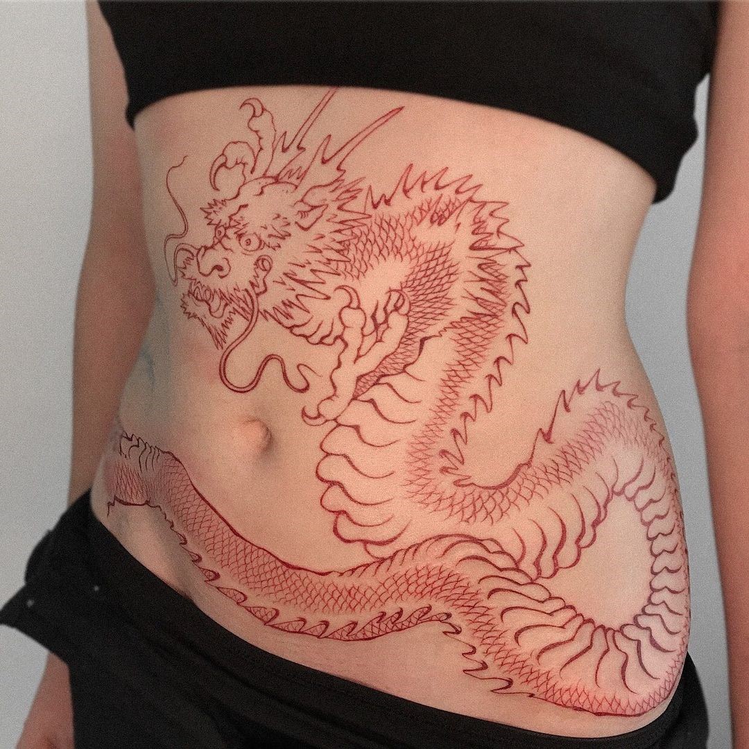 Giant Stomach Red Dragon Tattoo Design