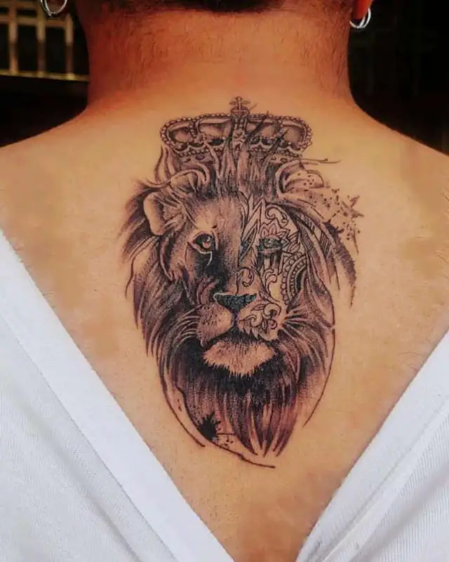 Lion With Crown Back Tattoo 2