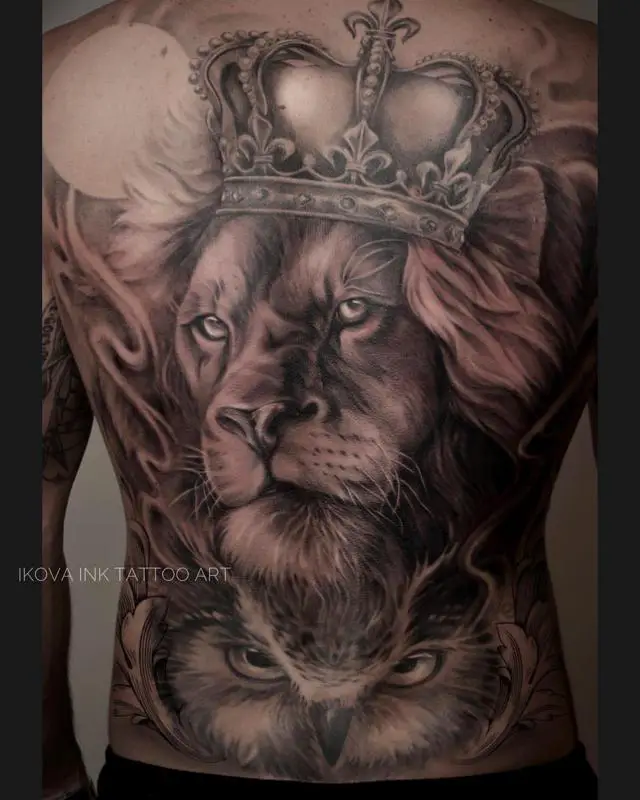 Lion With Crown Back Tattoo 3