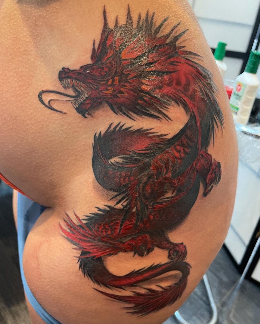 Red And Black Fiery Dragon Tattoo Design