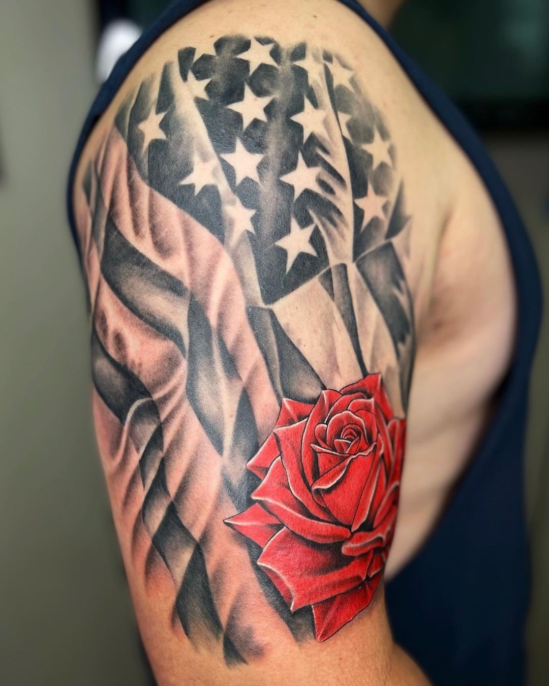 Shoulder American Flag Tattoo With A Rose 