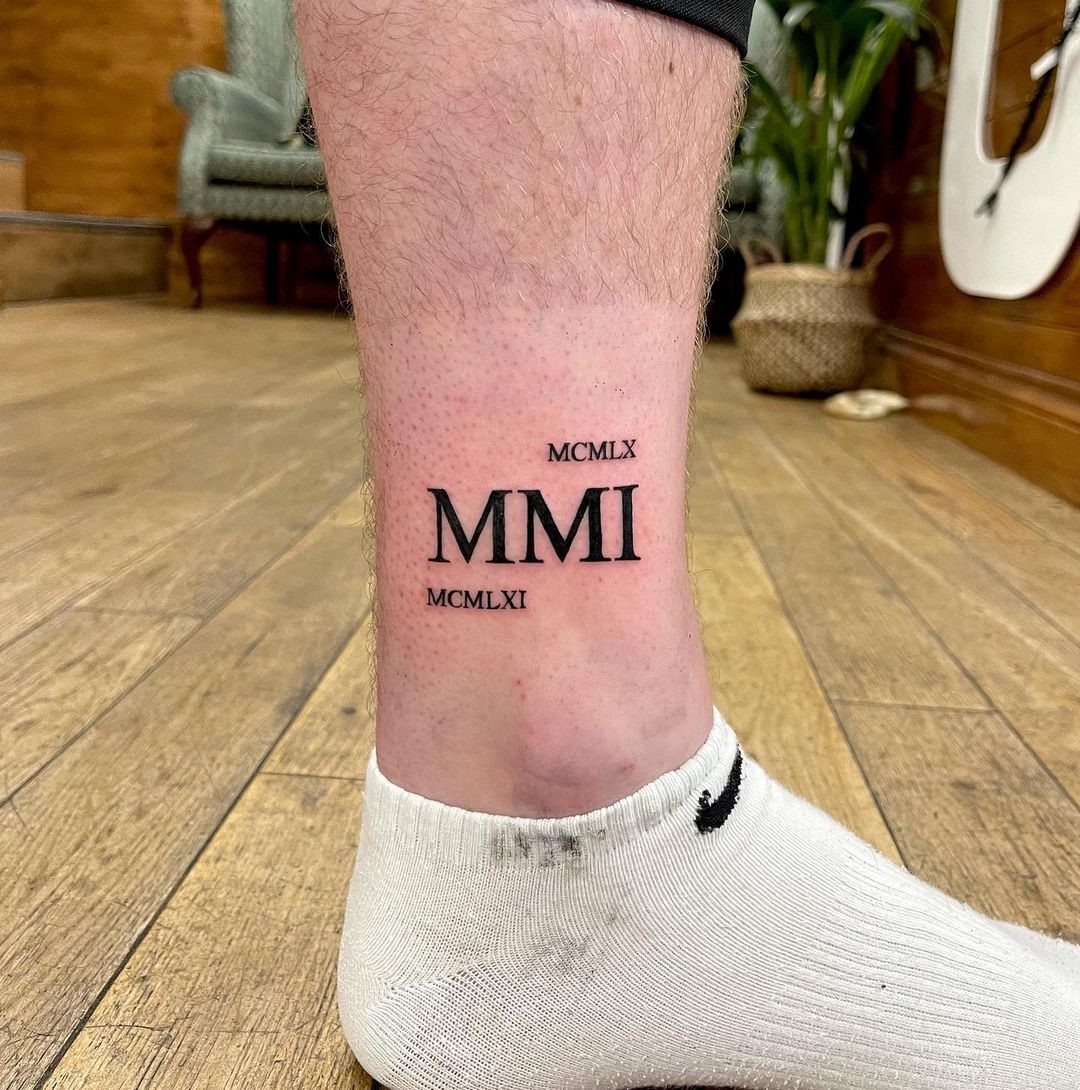 Black Roman Numerals Leg Tattoo For Men