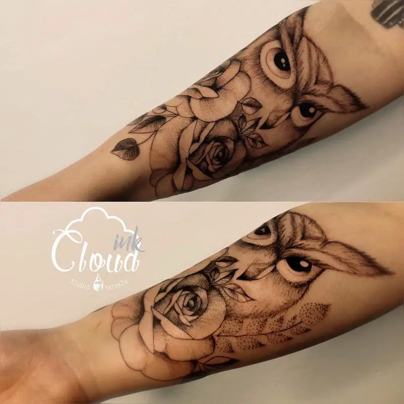 Owl and Roses Tattoo 2
