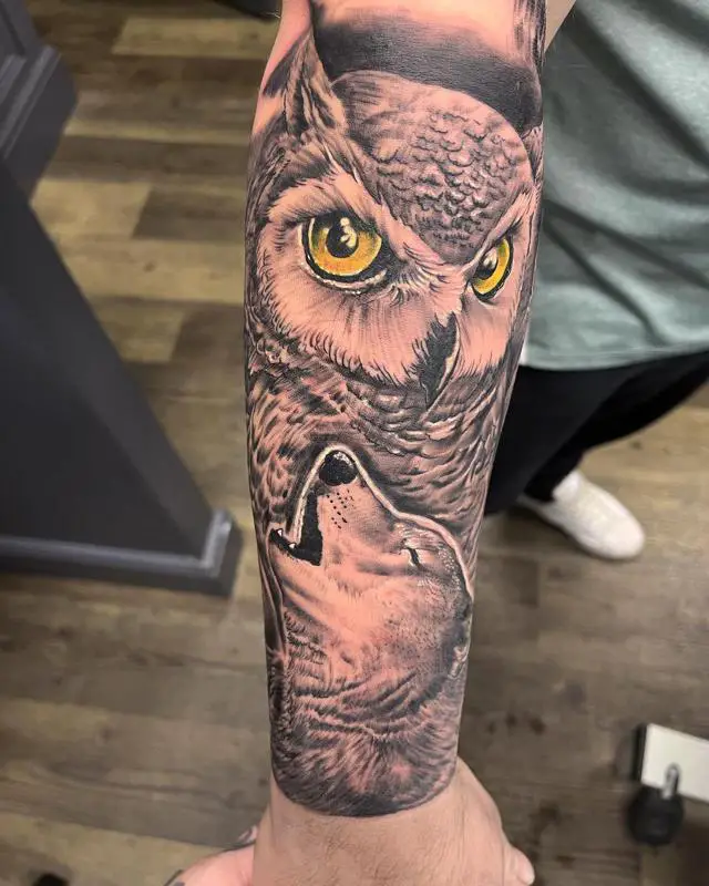 Owl with Colored Eyes Tattoo 1