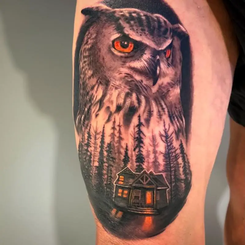 Owl with Colored Eyes Tattoo 2