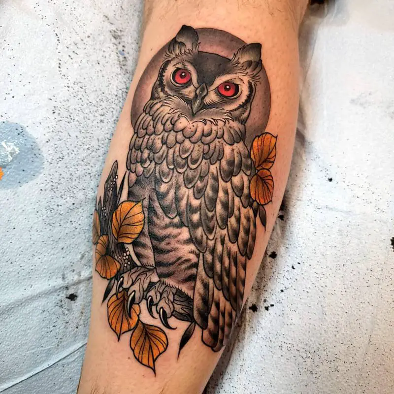 Owl with Colored Eyes Tattoo 3