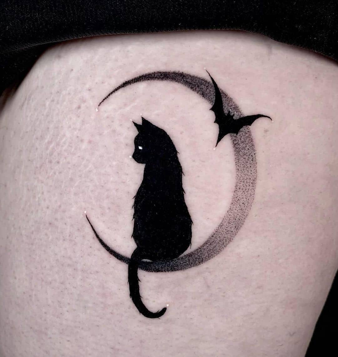 Crescent Moon and a Black Cat Tattoo